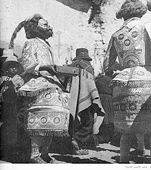 Moreno in the locality of Ichu, Puno depicting what is believed to be Morenada dancers between the centuries 19th and 20th. Morenada de Puno Peru 1939.jpg