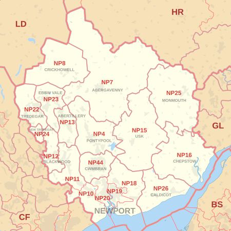 NP postcode area map, showing postcode districts in red and post towns in grey text, with links to nearby BS, CF, GL, HR and LD postcode areas. NP postcode area map.svg