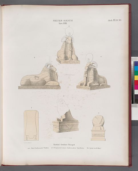 File:Neues Reich. Dynastie XVIII. Barkal . Grosser Tempel- a - c Zwei kolossale Widder; d - f Fragment eines kolossalen Sperbers, (b - f jetzt im K. Mus.) (NYPL b14291191-38260).jpg