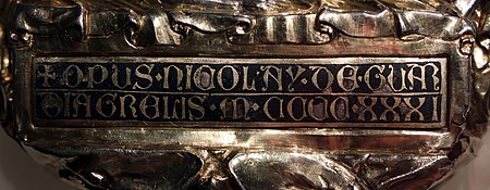 Signature on Guardiagrele Duomo processional cross Nicola da guardiagrele, frammenti della croce d'argento della collegiata di guardiagrele, 1431, 02 compianto 3 firma.jpg