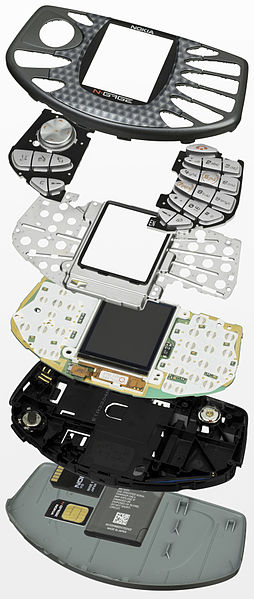 A disassembled N-Gage, showing each layer of hardware