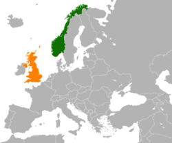 Карта, показваща местоположенията на Норвегия и Обединеното кралство