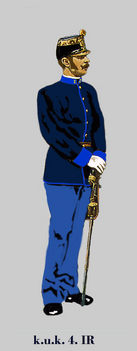 Österrike-Ungerns krigsmakt; uniform för officer vid k.u.k. Infanterie Regiment "Hoch- und Deutschmeister" Nr. 4. Små uniformsdetaljer skilde de "tyska regementena" (dvs. regementen från den österrikiska riksdelen) från de "ungerska regementena". Detta är ett "tyskt regemente".