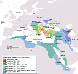 Osmanlıların toprak kazanımları *   Osmanlı Beyliği *   1300-1359 yılları arasındaki ilk genişleme. *   1359-1451 yılları arasındaki genişleme. *   1451-1481 yılları arasındaki genişleme. *   1512-1520 yılları arasındaki genişleme. *   1520-1566 yılları arasındaki genişleme. *   1566-1683 yılları arasındaki son genişleme.