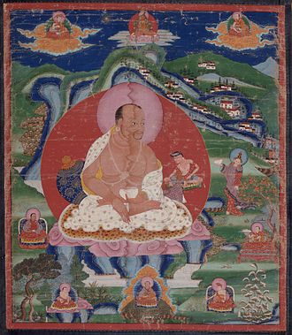 Lingrepa Padma Dorje, founder of the Lingre Kagyu Padma Dorje (1128-88) as a Mahasiddha (Great Adept) and Lamas LACMA M.81.206.12.jpg