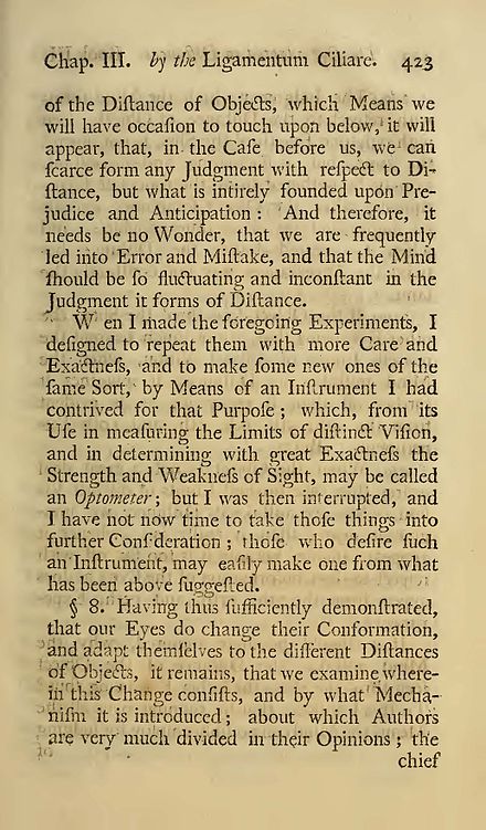 Page 423 from "A treatise on the eye, the manner and phaenomena of vision" by William Porterfield, Published 1759 in Edinburgh. In this book the word "optometer" appears for the first time.