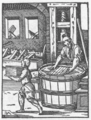 Papiermacher mit dem Schöpfsieb an der Bütte. Im Hintergrund die Gautschpresse, Jost Amman 1568