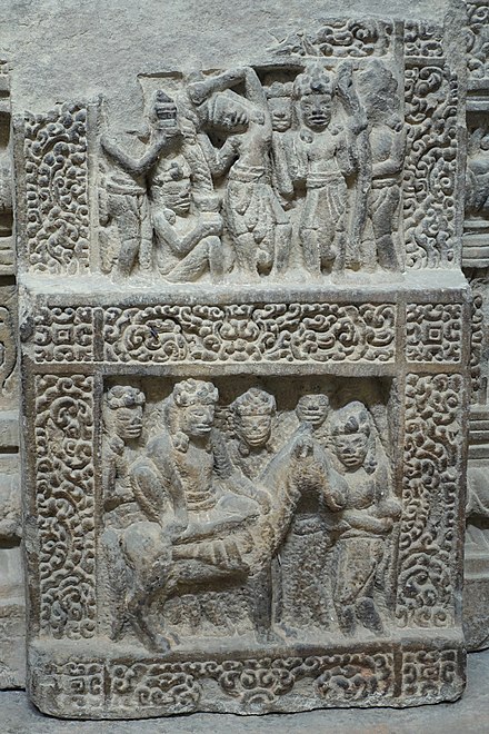 9th-century Dong Duong (Indrapura) lintel describing the early life of Prince Siddhārtha Gautama (who is sitting on a mule).