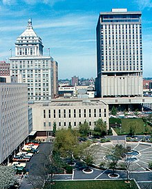 Peoria - Downtown from Caterpillar, Courthouse Square, First National Bank and Savings Tower.jpg