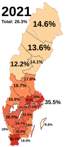 Percentage foreign born and born to two foreign born parents in Sweden.svg