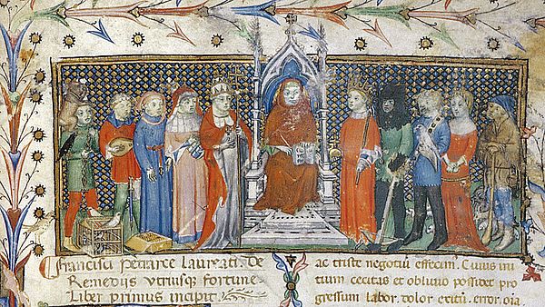 Illustration of social classes, italy, c. 1400. It would be characteristic that the king (right of centre) and bishop (left of centre) were dressed in scarlet.
