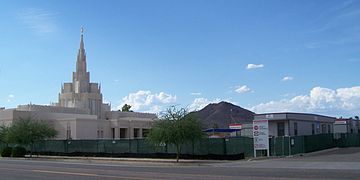 2013-08-18: temple, with mountain in the background, and construction office portable building