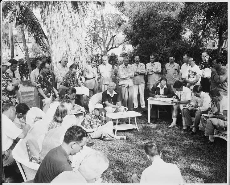 File:Photograph of President Truman responding to a question during his press conference in the garden of the "Little... - NARA - 200560.tif