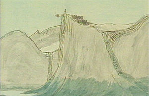 A Viking is thrown from the summit of Pisissarfik.  Watercolor by Aron von Kangeq (1822–1869)