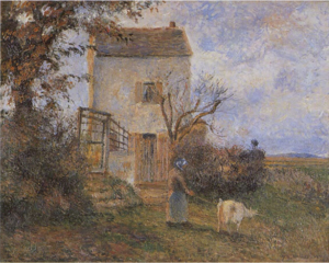 Paysanne et chèvre devant une maison, environs de Pontoise