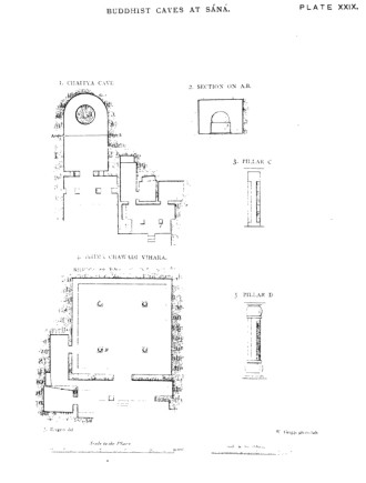 Plan, section and drawings of pillars of Sana caves (Chaitya Cave and Bhima Chauri Vihara) Plan, section and drawings of pillars of Sana Buddhist Caves (Chaitya Cave and Bhima Chauri Vihara).png