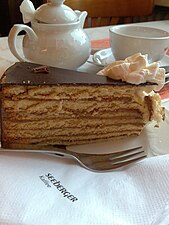 Prinzregententorte - a cake with six thin layers of sponge cake interlaid with chocolate buttercream