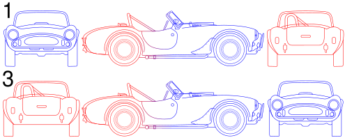 Comparison of first and third-angle projections showing that related parts in the views are closer in third-angle Projection shelby cobra.svg