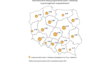 Mapa przedstawiająca ilość lekarzy psychiatrów dzieci i młodzieży w poszczególnych województw w Polsce na 10 tysięcy osób małoletnich