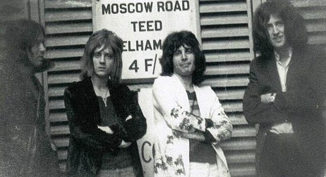 Queen in 1970. Left to right; Mike Grose (who was the first of the band's three early bass players before John Deacon joined in 1971), Roger Taylor, F