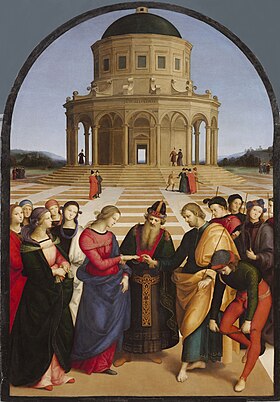 Oil painting. A Jewish Priest stands centrally to join the hands of the Virgin Mary who approaches from the left, followed by maidens and St. Joseph who stands to the right. Behind Joseph are young men who have been unsuccessful in winning Mary's hand. Joseph carries a flowering branch. Behind them is an open square and circular temple, in perspective.