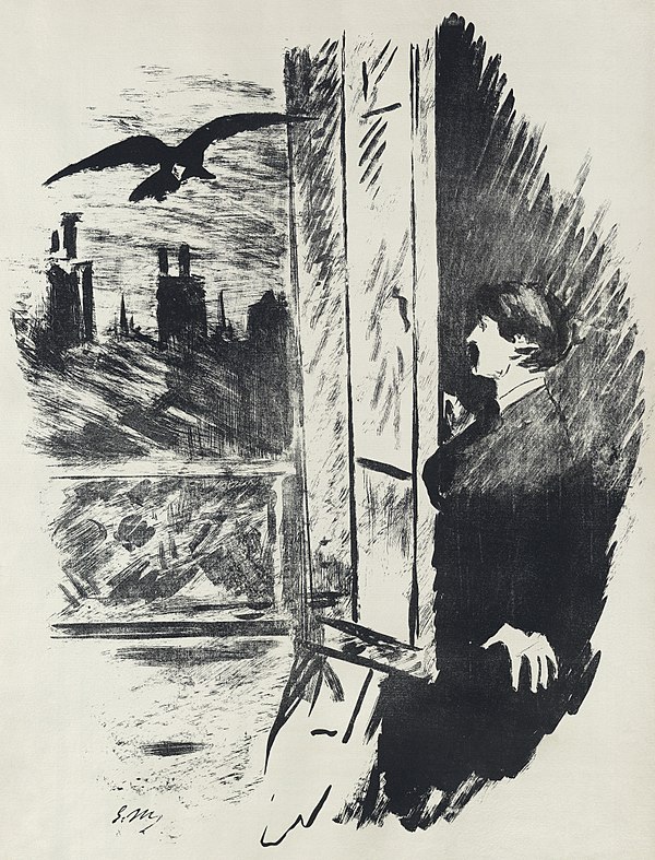 "The Raven" depicts a mysterious raven's midnight visit to a mourning narrator, as illustrated by Édouard Manet (1875), digitally restored.