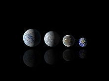 Comparison of the sizes of planets Kepler-69c, Kepler-62e, Kepler-62f, and the Earth. All planets except the Earth are artists' conceptions. Relative sizes of all of the habitable-zone planets discovered to date alongside Earth.jpg