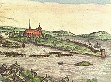 Birger jarls torn (längst ut till höger) på 1570-talet enligt Frans Hogenbergs illustration.
