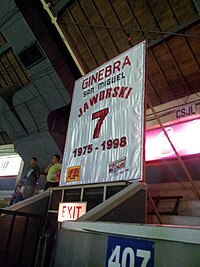 Robert Jaworski's retired jersey banner at the rafters of the Smart Araneta Coliseum during his retirement ceremonies in 2012. Robert Jaworski retired jersey banner.jpg