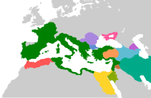 The Roman Republic, shown in green, at the time of the civil wars Roman Republic in 40bC.svg