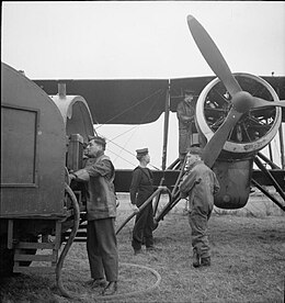 A Swordfish III of RAF 119 Squadron being refuelled at Maldegem, Belgium, (1944-1945). The fairing of the aircraft's centimetric radar can be seen below the engine Royal Air Force Coastal Command, 1939-1945. CL1638.jpg