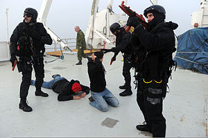 RCMP MSERT operators detain individuals in a simulated illegal migrant vessel in a training exercise as a part of Exercise Frontier Sentinel 2012 in Sydney, Nova Scotia. Royal Canadian Mounted Police officers detain role players aboard the survey research vessel R-V Strait Hunter, which was simulating a migrant vessel during exercise Frontier Sentinel 2012 in Sydney, Nova 120508-N-IL267-014.jpg