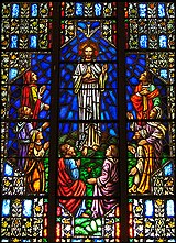 Stained glass window of Silliman University Church depicting Jesus Christ and his apostles SU Church Stained Glass Window.jpg