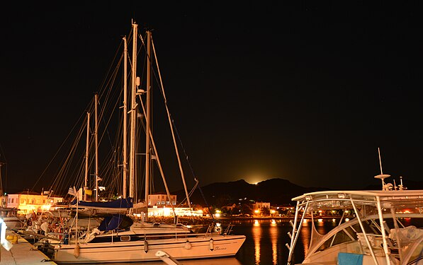 Sailboats at the harbour of Myrina (on Lemnos, Greece) at moon