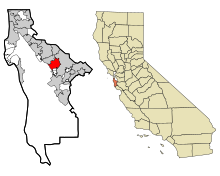 San Mateo County Kalifornia Beépített és be nem épített területek San Carlos Highlighted.svg