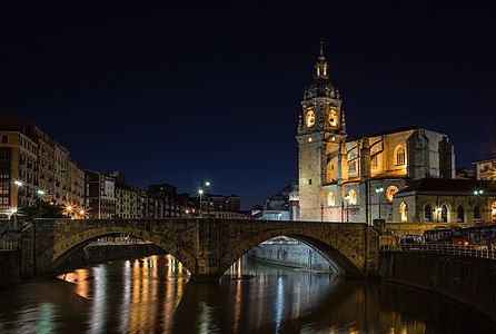 Night view of San Anton church and bridge, in Bilbao