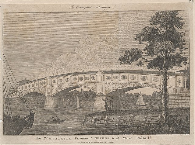 Schuylkill Permanent Bridge in Philadelphia, the first documented covered bridge in America
