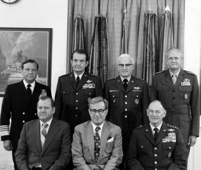 United States Secretary of Defense Harold Brown and United States Deputy Secretary of Defense Charles W. Duncan Jr with Chairman of the Joint Chiefs o