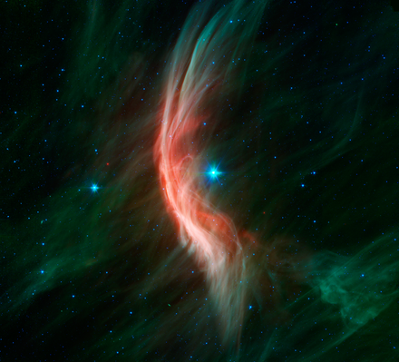 Zeta Ophiuchi is the most famous bowshock of a massive star. Image is from the Spitzer Space Telescope.
