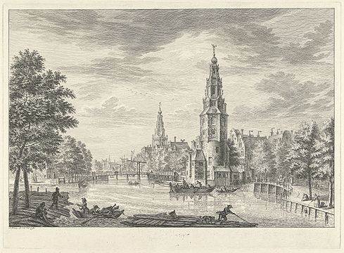 Simon Fokke, Gezicht op de Montelbaanstoren langs de Oude Schans te Amsterdam (tussen 1760 en 1784)
