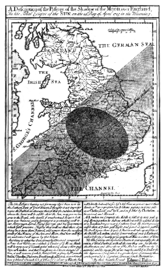 Halley's map of the path of the Solar eclipse of 3 May 1715 across England