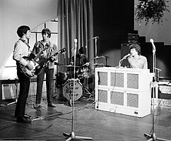 The Spencer Davis Group rehearsing before a performance in Amsterdam in 1966. L-R: Muff Winwood, Spencer Davis, Pete York, Steve Winwood