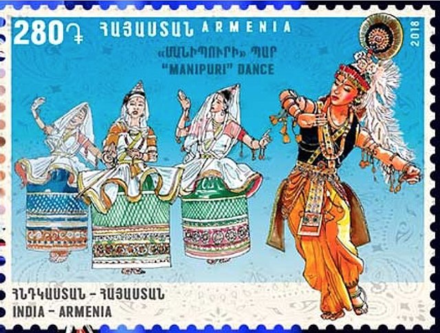 An illustration of the Manipuri Raas Leela Dance (Meitei: Jagoi Raas, Raas Jagoi), one of the officially recognised classical dance forms of India, de