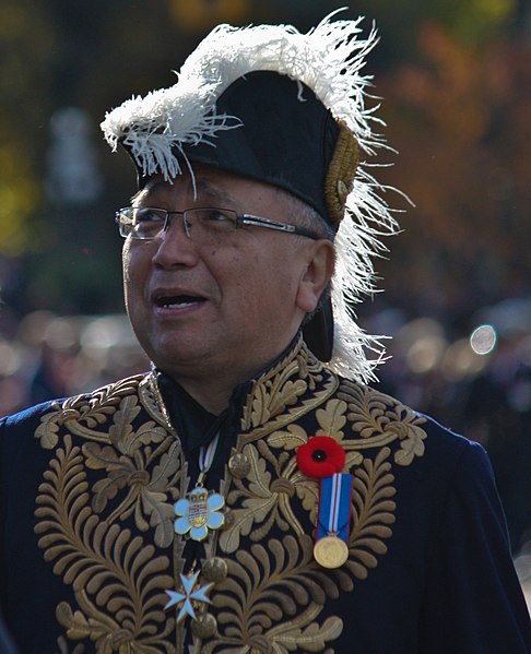 Steven Point, Lieutenant Governor of British Columbia from 2007 to 2012, wearing the insignia of the Order of British Columbia at centre top (which is