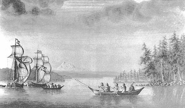 The Mexicana (left, following) and Sutil (right, leading) during the 1792 voyage around Vancouver Island, drawn by José Cardero. Galiano's pennant fli