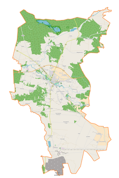 Mapa konturowa gminy Szczerców, w centrum znajduje się punkt z opisem „Załuże”