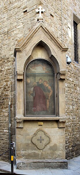 File:Tabernacolo neogotico del bargello, con affresco molto ripintino di Fabrizio Boschi, San Bonaventura che visita i carcerati, 1591, 01.jpg