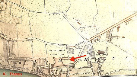 River Thames or Limehouse end, including the basin and its island (arrow)