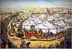 Circus parade around tents, in lithograph by Gibson & Co., 1874 The grand lay-out, 1874.jpg