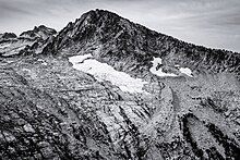 The Grizzly Glacier below the north face of Thompson Peak The north face of Thompson Peak, Trinity Alps, California.jpg
